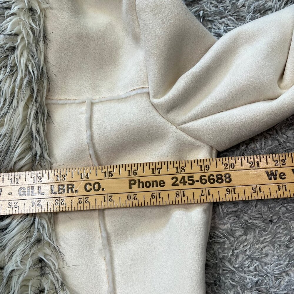 Y2K Bebe Ivory Faux Suede M Fur Trim Hooded Long Penny Lane Style Coat 2000s - Picture 8 of 16